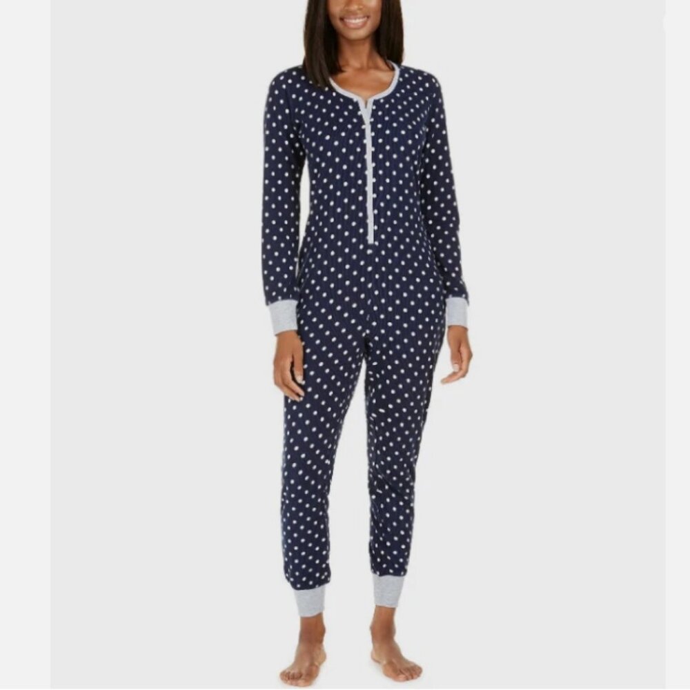 Jenni Women's Printed Thermal One Piece Pajamas Size Medium Navy Blue Polka Dots